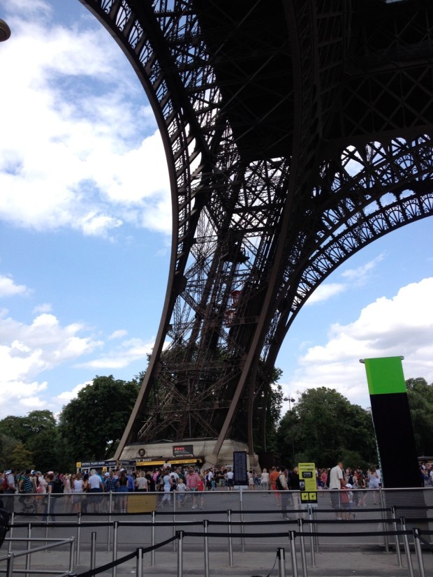 We stood in line under the tower for two or three hours just to get our elevator tickets, and then another hour at least waiting for our turn in the elevator, itself large enough to carry 25-30 people. If we had it to do over we would've climbed the stairs. We took them on the way down and they really weren't that bad. We would've saved hours even if we'd stopped to rest after every few flights.