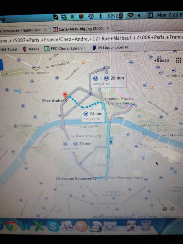 This is a picture of our computer screen, and a sample of our navigational system at its most sophisticated. Mostly we just used paper maps and addresses. Sometimes when we had a tight schedule or a complicated route and the good fortune of reliable WIFI in our hotel we'd do something like this. We felt like ninjas by the end. I highly recommend world travel without WIFI/cell data in your pocket. It's a thrill... ;)
