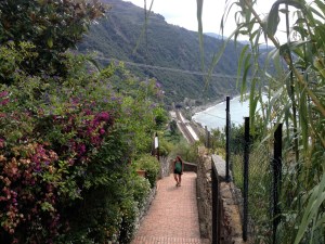 Corniglia is the only village of the five that isn't directly on the water. It took us about 15 minutes to climb down the switchback staircase through the terraced fields and gardens to the train station below.