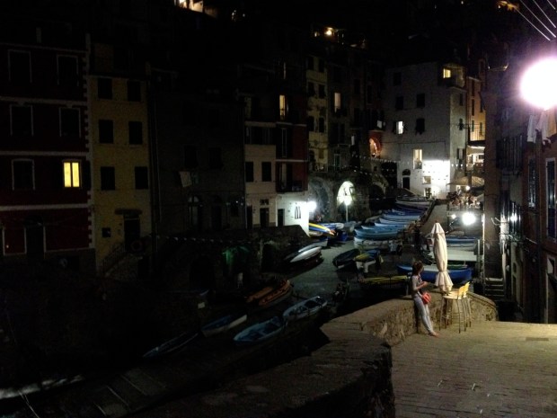 Boats spilling down the ramp toward the water, ready for the next morning.