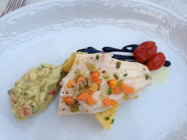 For our second course, a light fish served with potatoes and an avocado cream.