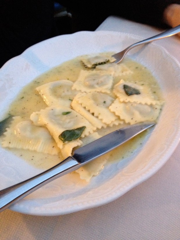 We branched out after our first two shared courses and each ordered our own pasta and our own dessert. This was our attempt at "doing pasta right" while in Italy. For Mike this potato ravioli. The sauce was oregano and sage and I swear it was almost exclusively butter. I have never tasted anything so magnificent and magical.